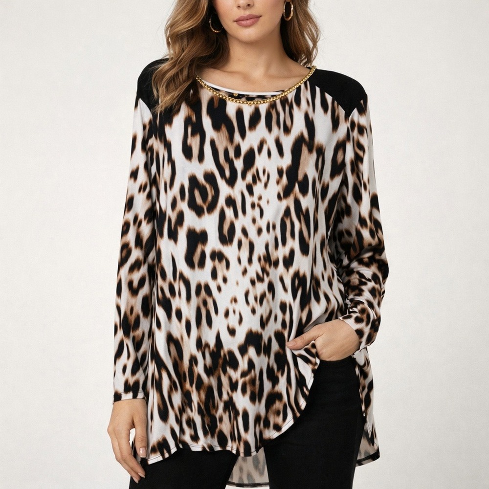 Worthington Woman 3X Leopard Print‎ Gold Chain Neck Long Sleeve Tunic Top